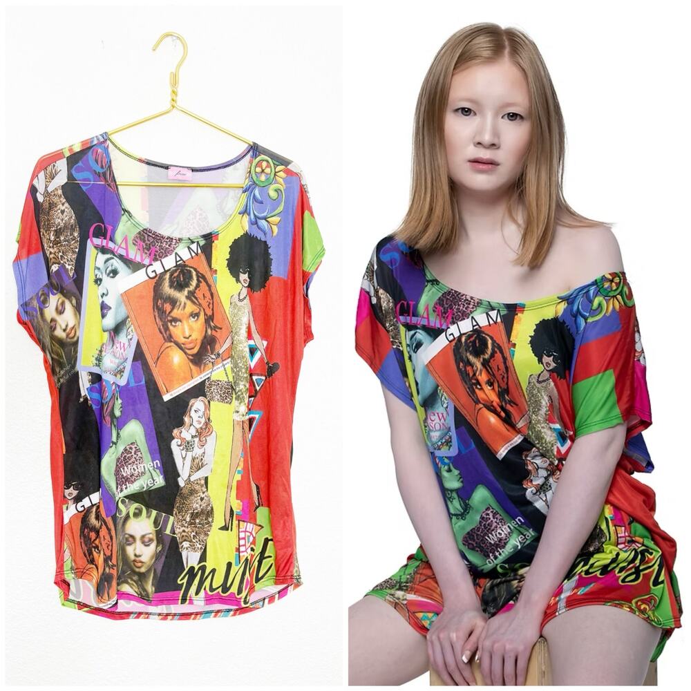 Vintage Y2K Focus Glam Vogue Mix Print Top Size XL Off Shoulder Model 90s